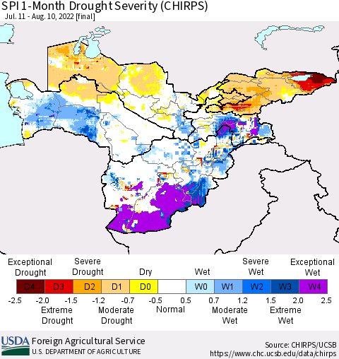 Central Asia SPI 1-Month Drought Severity (CHIRPS) Thematic Map For 7/11/2022 - 8/10/2022