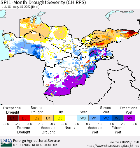 Central Asia SPI 1-Month Drought Severity (CHIRPS) Thematic Map For 7/16/2022 - 8/15/2022