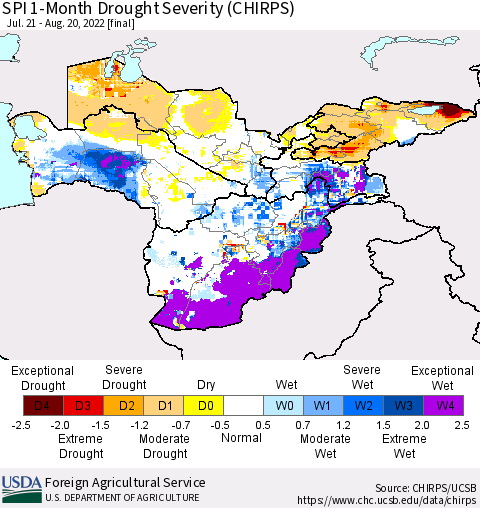 Central Asia SPI 1-Month Drought Severity (CHIRPS) Thematic Map For 7/21/2022 - 8/20/2022
