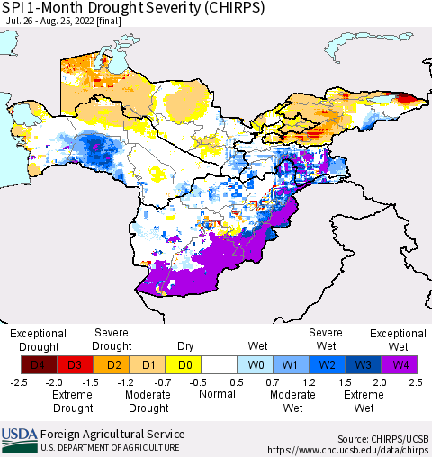 Central Asia SPI 1-Month Drought Severity (CHIRPS) Thematic Map For 7/26/2022 - 8/25/2022