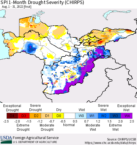 Central Asia SPI 1-Month Drought Severity (CHIRPS) Thematic Map For 8/1/2022 - 8/31/2022