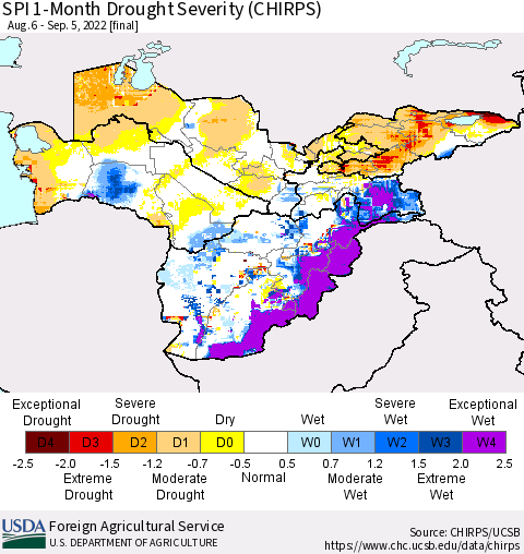 Central Asia SPI 1-Month Drought Severity (CHIRPS) Thematic Map For 8/6/2022 - 9/5/2022