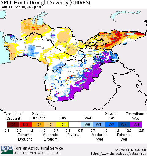 Central Asia SPI 1-Month Drought Severity (CHIRPS) Thematic Map For 8/11/2022 - 9/10/2022