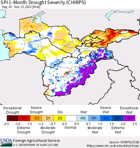 Central Asia SPI 1-Month Drought Severity (CHIRPS) Thematic Map For 8/16/2022 - 9/15/2022