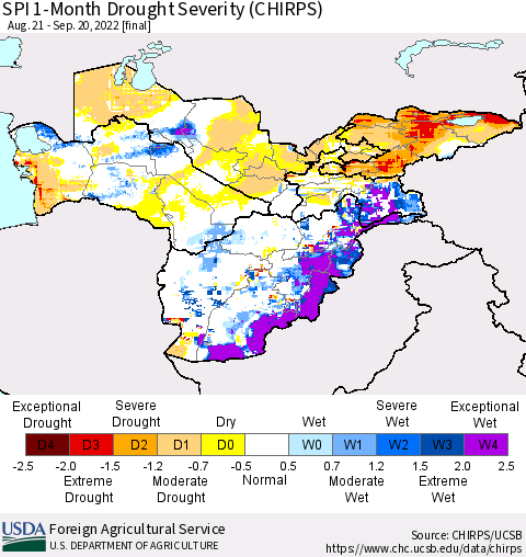 Central Asia SPI 1-Month Drought Severity (CHIRPS) Thematic Map For 8/21/2022 - 9/20/2022