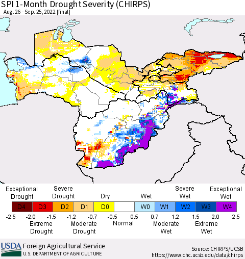 Central Asia SPI 1-Month Drought Severity (CHIRPS) Thematic Map For 8/26/2022 - 9/25/2022