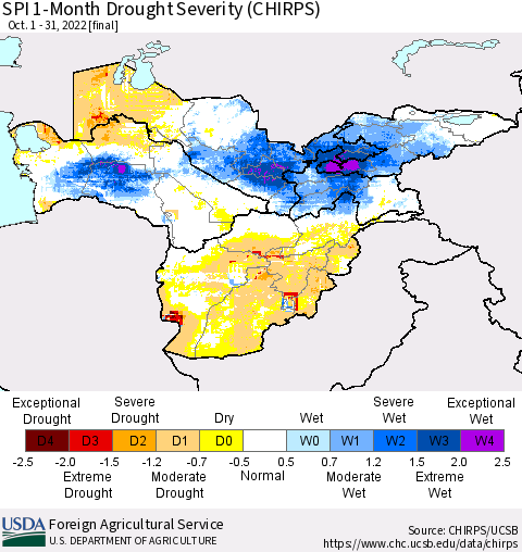 Central Asia SPI 1-Month Drought Severity (CHIRPS) Thematic Map For 10/1/2022 - 10/31/2022