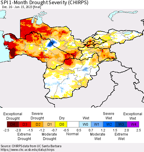 Central Asia SPI 1-Month Drought Severity (CHIRPS) Thematic Map For 12/16/2022 - 1/15/2023