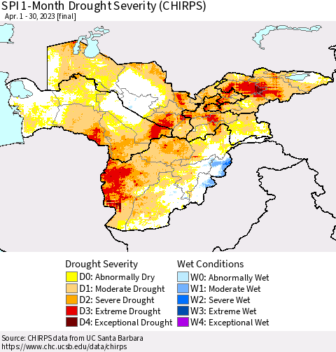 Central Asia SPI 1-Month Drought Severity (CHIRPS) Thematic Map For 4/1/2023 - 4/30/2023