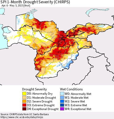Central Asia SPI 1-Month Drought Severity (CHIRPS) Thematic Map For 4/6/2023 - 5/5/2023
