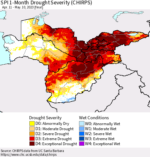 Central Asia SPI 1-Month Drought Severity (CHIRPS) Thematic Map For 4/11/2023 - 5/10/2023