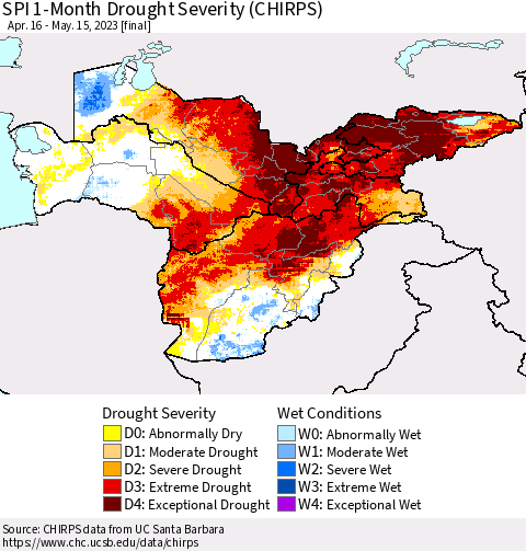 Central Asia SPI 1-Month Drought Severity (CHIRPS) Thematic Map For 4/16/2023 - 5/15/2023