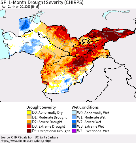Central Asia SPI 1-Month Drought Severity (CHIRPS) Thematic Map For 4/21/2023 - 5/20/2023