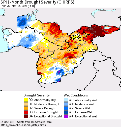 Central Asia SPI 1-Month Drought Severity (CHIRPS) Thematic Map For 4/26/2023 - 5/25/2023