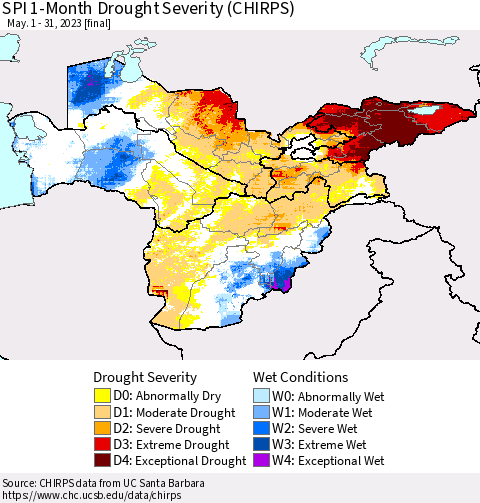Central Asia SPI 1-Month Drought Severity (CHIRPS) Thematic Map For 5/1/2023 - 5/31/2023