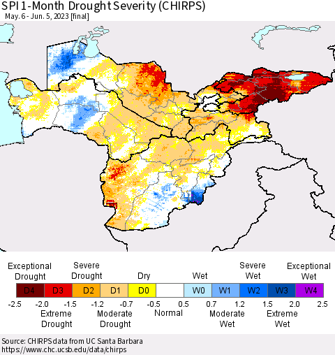 Central Asia SPI 1-Month Drought Severity (CHIRPS) Thematic Map For 5/6/2023 - 6/5/2023