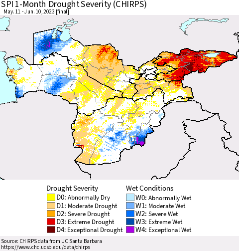 Central Asia SPI 1-Month Drought Severity (CHIRPS) Thematic Map For 5/11/2023 - 6/10/2023