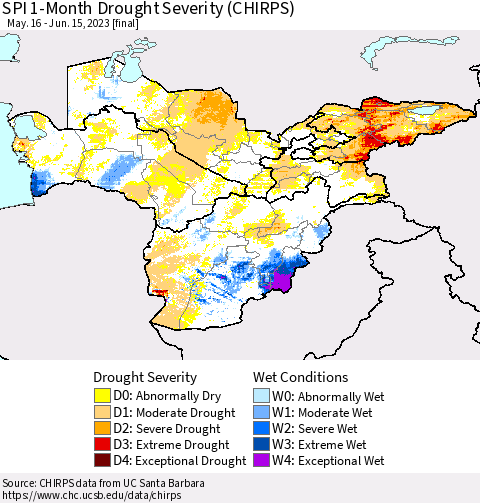 Central Asia SPI 1-Month Drought Severity (CHIRPS) Thematic Map For 5/16/2023 - 6/15/2023