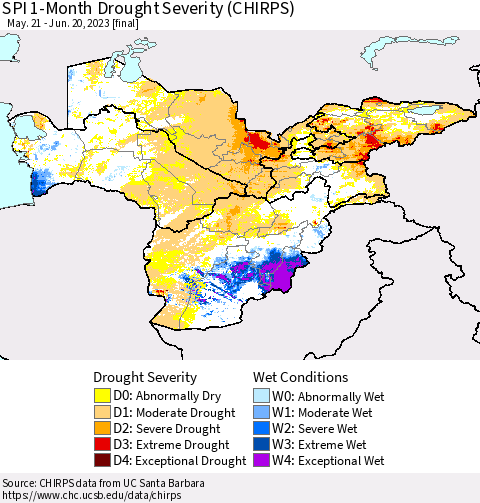 Central Asia SPI 1-Month Drought Severity (CHIRPS) Thematic Map For 5/21/2023 - 6/20/2023