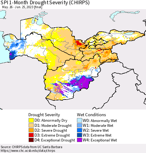Central Asia SPI 1-Month Drought Severity (CHIRPS) Thematic Map For 5/26/2023 - 6/25/2023