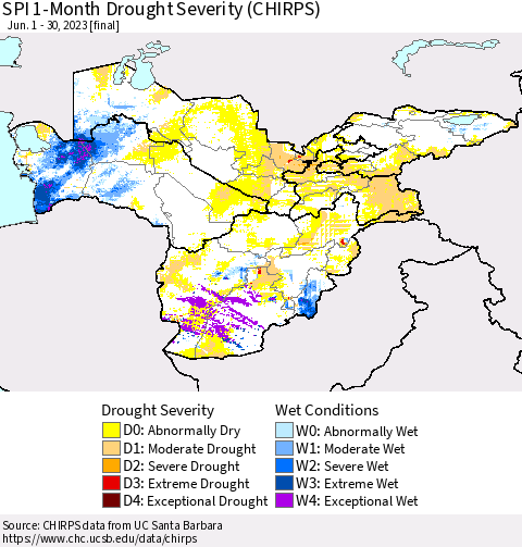 Central Asia SPI 1-Month Drought Severity (CHIRPS) Thematic Map For 6/1/2023 - 6/30/2023