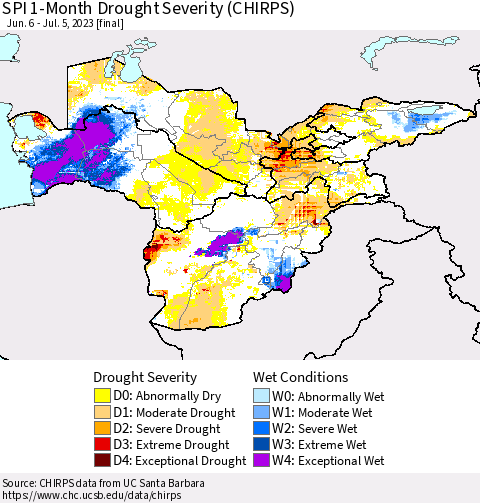 Central Asia SPI 1-Month Drought Severity (CHIRPS) Thematic Map For 6/6/2023 - 7/5/2023