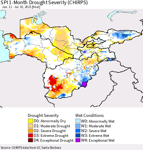 Central Asia SPI 1-Month Drought Severity (CHIRPS) Thematic Map For 6/11/2023 - 7/10/2023