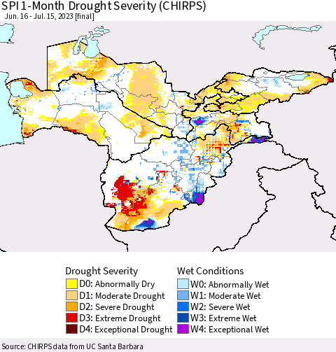 Central Asia SPI 1-Month Drought Severity (CHIRPS) Thematic Map For 6/16/2023 - 7/15/2023