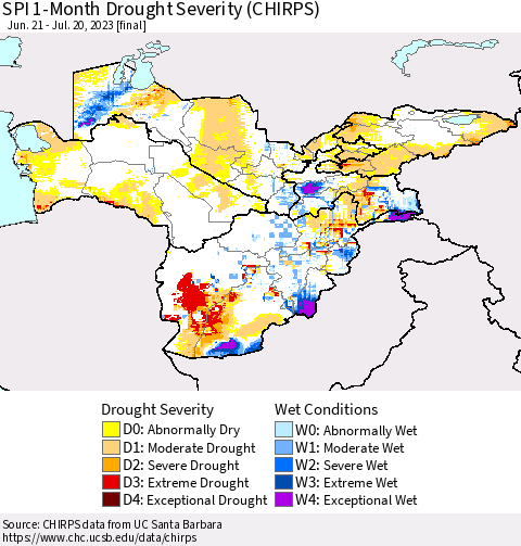 Central Asia SPI 1-Month Drought Severity (CHIRPS) Thematic Map For 6/21/2023 - 7/20/2023