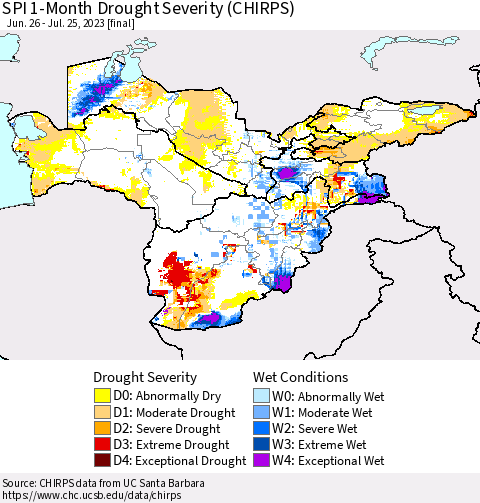 Central Asia SPI 1-Month Drought Severity (CHIRPS) Thematic Map For 6/26/2023 - 7/25/2023