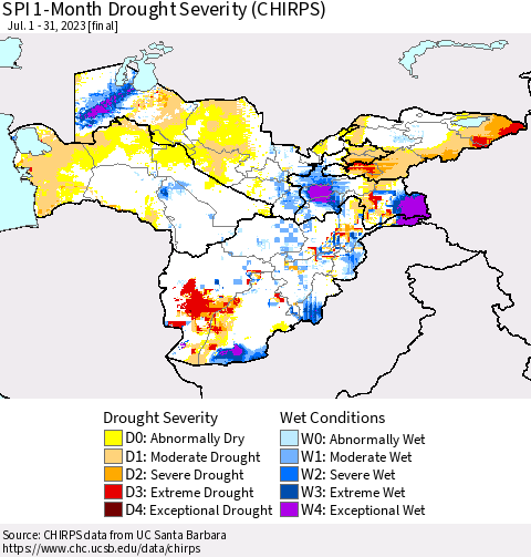 Central Asia SPI 1-Month Drought Severity (CHIRPS) Thematic Map For 7/1/2023 - 7/31/2023