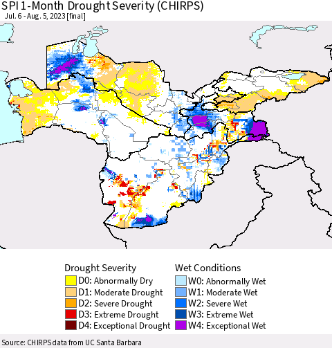 Central Asia SPI 1-Month Drought Severity (CHIRPS) Thematic Map For 7/6/2023 - 8/5/2023