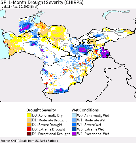 Central Asia SPI 1-Month Drought Severity (CHIRPS) Thematic Map For 7/11/2023 - 8/10/2023