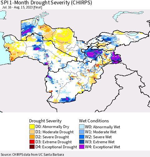 Central Asia SPI 1-Month Drought Severity (CHIRPS) Thematic Map For 7/16/2023 - 8/15/2023