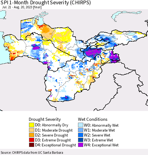 Central Asia SPI 1-Month Drought Severity (CHIRPS) Thematic Map For 7/21/2023 - 8/20/2023
