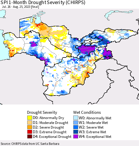Central Asia SPI 1-Month Drought Severity (CHIRPS) Thematic Map For 7/26/2023 - 8/25/2023