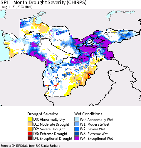 Central Asia SPI 1-Month Drought Severity (CHIRPS) Thematic Map For 8/1/2023 - 8/31/2023