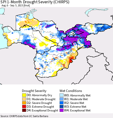 Central Asia SPI 1-Month Drought Severity (CHIRPS) Thematic Map For 8/6/2023 - 9/5/2023