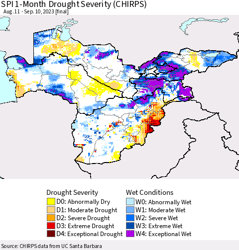 Central Asia SPI 1-Month Drought Severity (CHIRPS) Thematic Map For 8/11/2023 - 9/10/2023