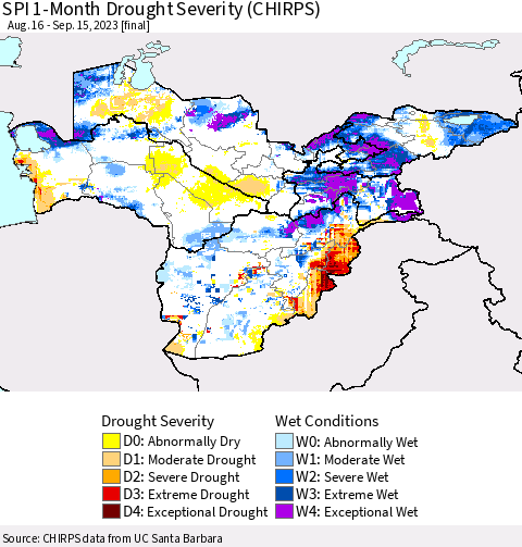 Central Asia SPI 1-Month Drought Severity (CHIRPS) Thematic Map For 8/16/2023 - 9/15/2023