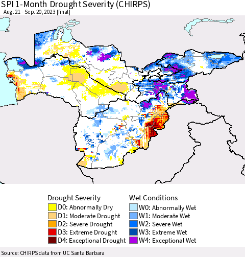 Central Asia SPI 1-Month Drought Severity (CHIRPS) Thematic Map For 8/21/2023 - 9/20/2023