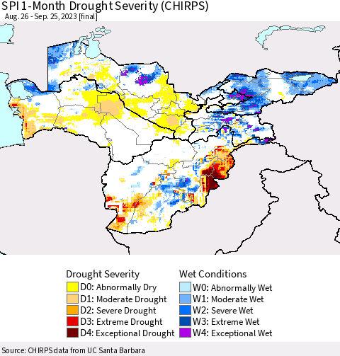 Central Asia SPI 1-Month Drought Severity (CHIRPS) Thematic Map For 8/26/2023 - 9/25/2023