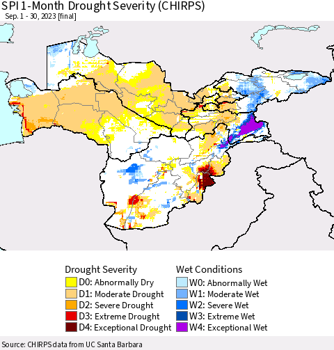 Central Asia SPI 1-Month Drought Severity (CHIRPS) Thematic Map For 9/1/2023 - 9/30/2023