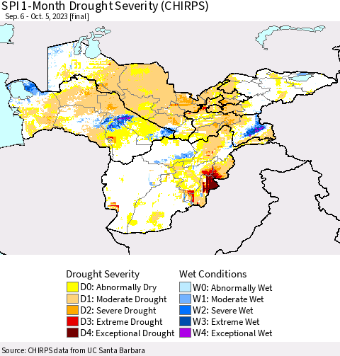 Central Asia SPI 1-Month Drought Severity (CHIRPS) Thematic Map For 9/6/2023 - 10/5/2023