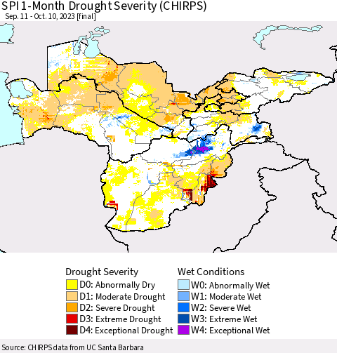 Central Asia SPI 1-Month Drought Severity (CHIRPS) Thematic Map For 9/11/2023 - 10/10/2023