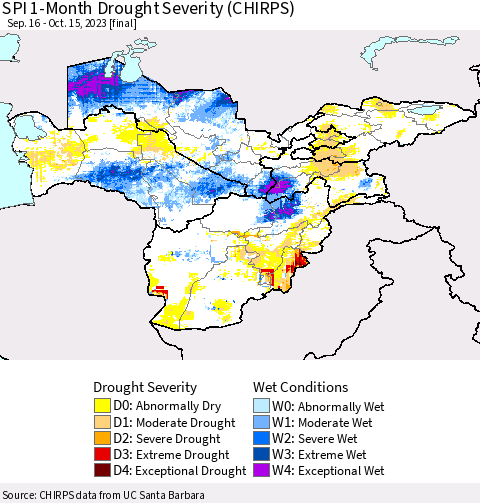 Central Asia SPI 1-Month Drought Severity (CHIRPS) Thematic Map For 9/16/2023 - 10/15/2023