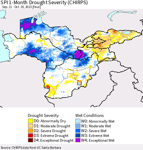 Central Asia SPI 1-Month Drought Severity (CHIRPS) Thematic Map For 9/21/2023 - 10/20/2023