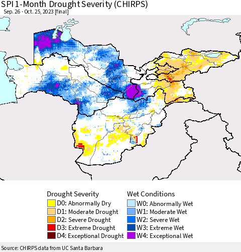 Central Asia SPI 1-Month Drought Severity (CHIRPS) Thematic Map For 9/26/2023 - 10/25/2023