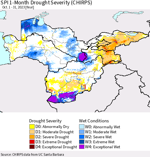 Central Asia SPI 1-Month Drought Severity (CHIRPS) Thematic Map For 10/1/2023 - 10/31/2023