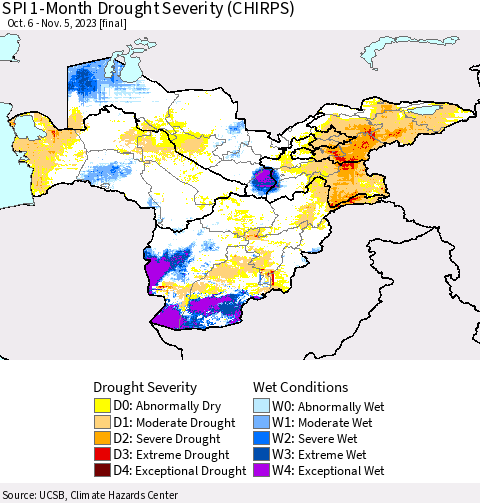 Central Asia SPI 1-Month Drought Severity (CHIRPS) Thematic Map For 10/6/2023 - 11/5/2023